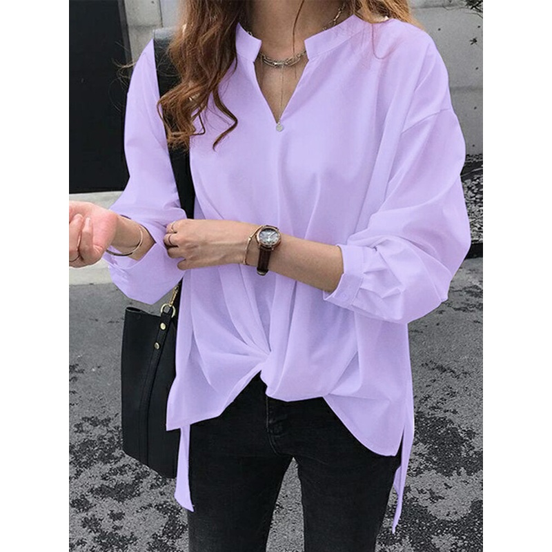 Solid Twisted High-low Hem Long Sleeve Loose Blouse