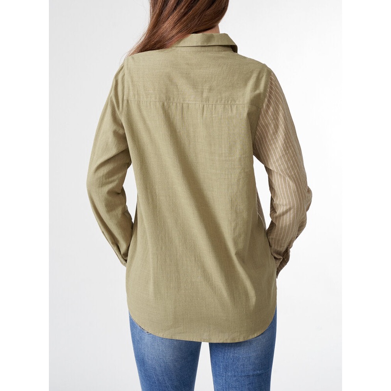 Stripe Contrast Pocket Button Front Rolled Tab Sleeve Shirt