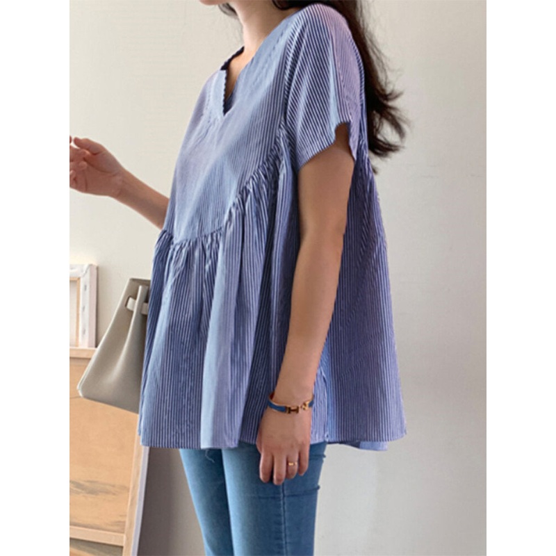 Stripe Print Notch Neck Short Sleeve Loose Blouse