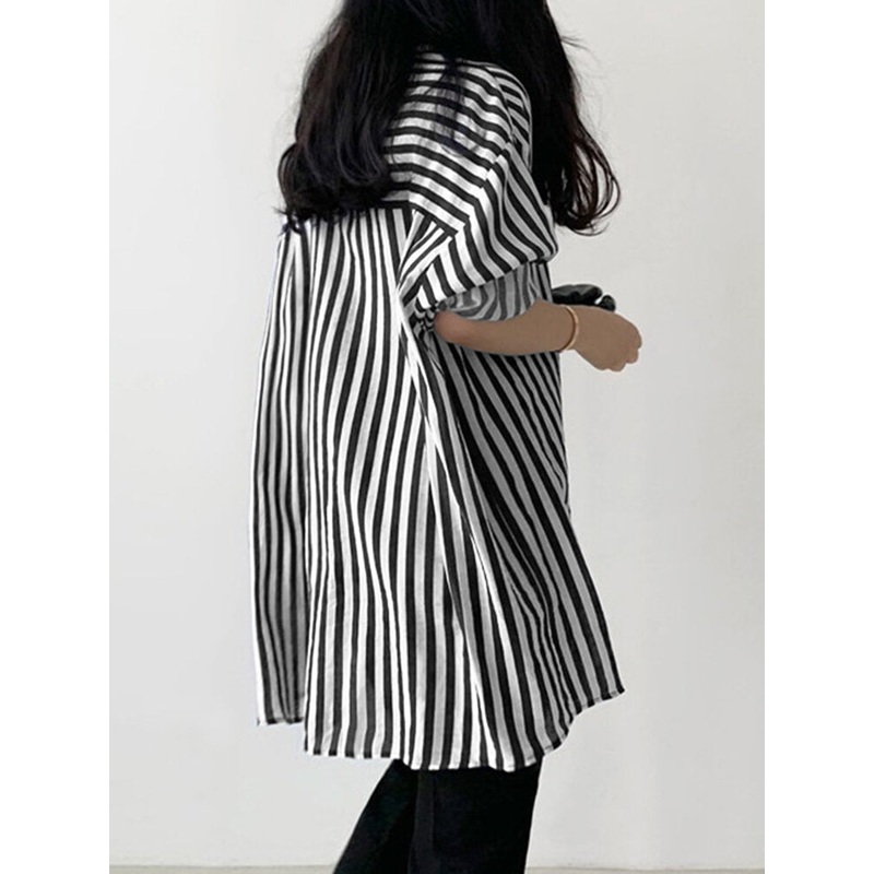 Stripe Print Pocket Long Sleeve Lapel Button Down Shirt