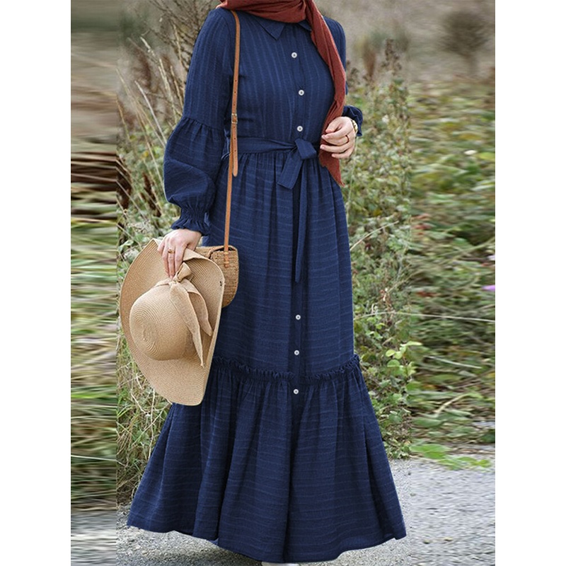 Striped Long Sleeve Turn-down Collar Long Sleeve Maxi Dress With Belt