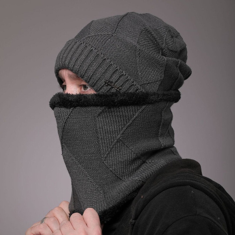 Unisex 2PCS Plus Thick Winter Outdoor Keep Warm Neck and Ear Protection Headgear Scarf Knitted Hat Beanie