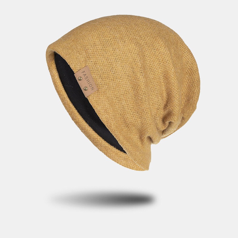 Unisex Artificial Cashmere Leather Label  Beanie Hat Fashion Casual Warm Elastic Adjustable Knitted Hat