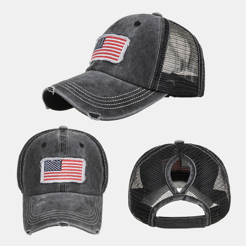 Unisex Washed American Flag Patch Ponytail Baseball Cap Mesh Breathable Casquette Summer Snapback Hat