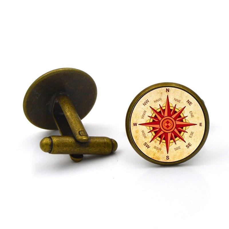 Vintage 1 Pair of Cufflinks Compass Disk Round Glass Zinc Alloy Collar Knot Tie Jewelry Accessories