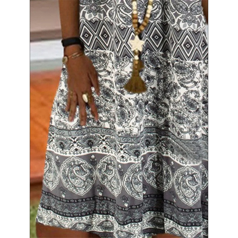 Vintage Bohemia Print V-neck Sleeveless Casual Loose Midi Dress