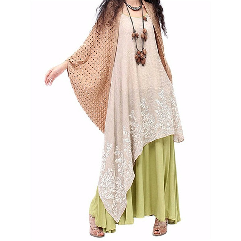 Vintage Women Embroidery Layered Short Sleeve Elegant Irregular Dress