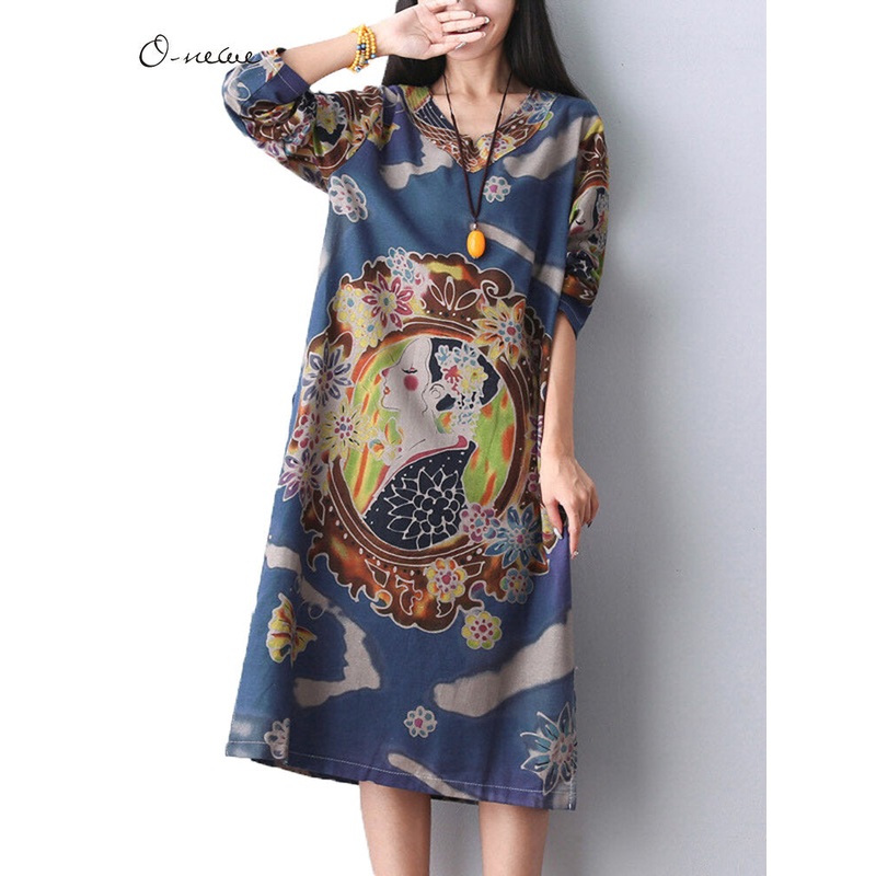Vintage Women Ethnic Style Printed Straight Midi Dress