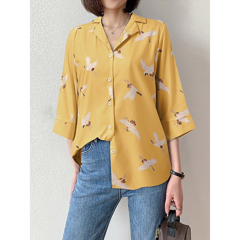 White Crane Print Button Lapel Casual Shirt