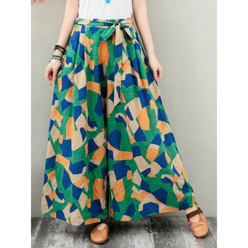 Wide-Legged Women Geometric Print Elastic Waist Side Pockets Pants