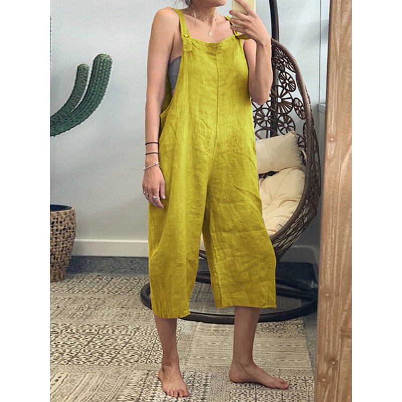 Wide-Legged Women Solid Color Sleeveless Side Pockets Strap Jumpsuit