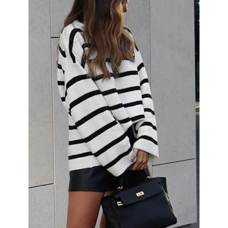Women Black and White Striped O-Neck Casual Loose Fit Preppy Sweasters