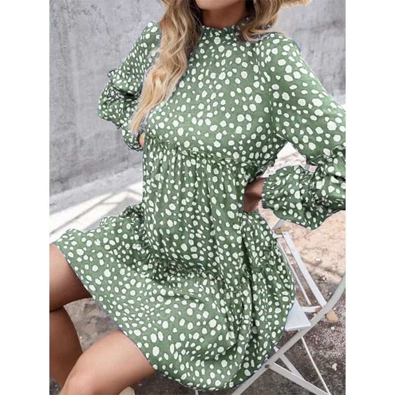 Women Bohemian Retro Knee Length Polka Dots Casual Midi Dresses