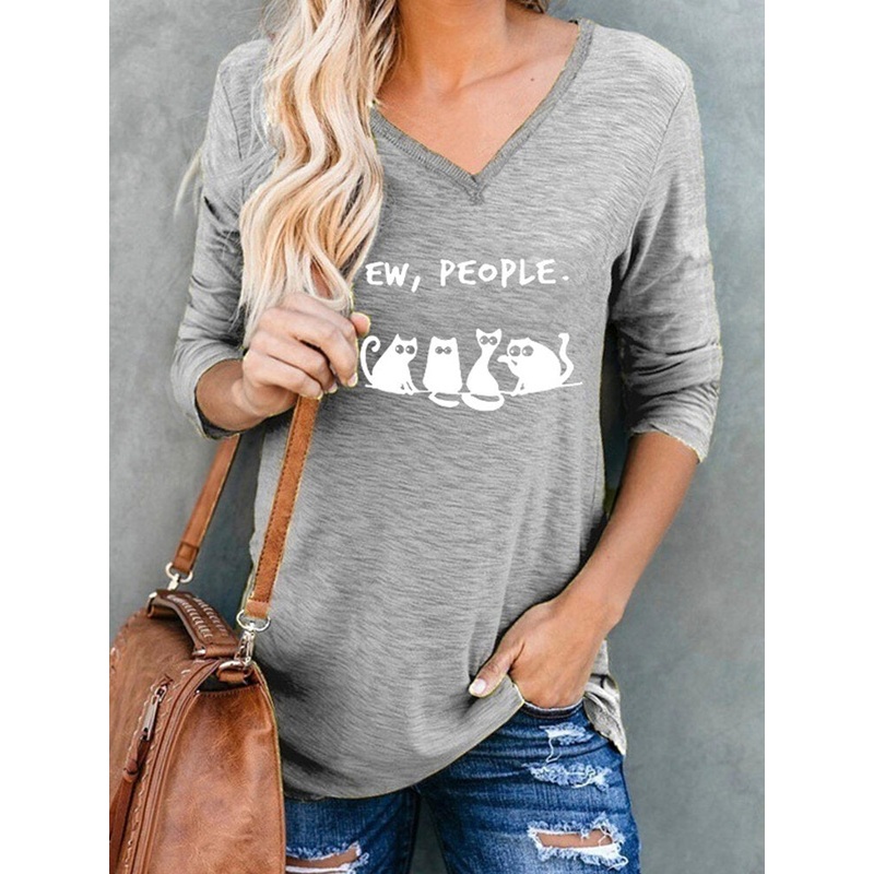 Women Cartoon Cat Letter Print V-Neck Casual Long Sleeve Blouses