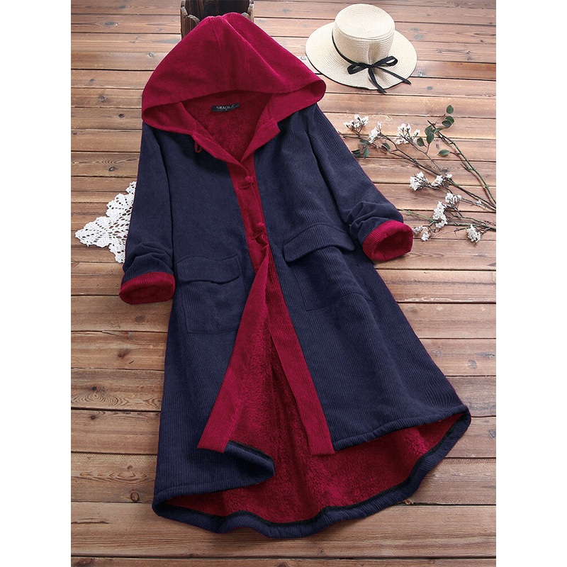 Women Casual Patch Hooded Thick Fleece Corduroy Long Coats