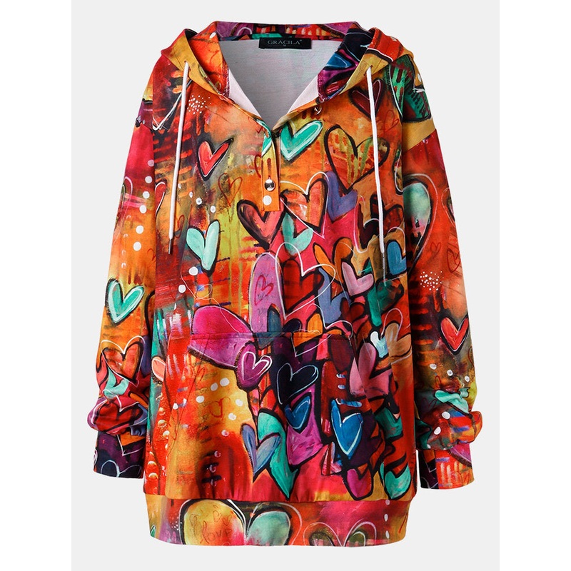 Women Colorful Graffiti Heart Print Long Sleeve Drawstring Hoodie With Kangaroo Pocket