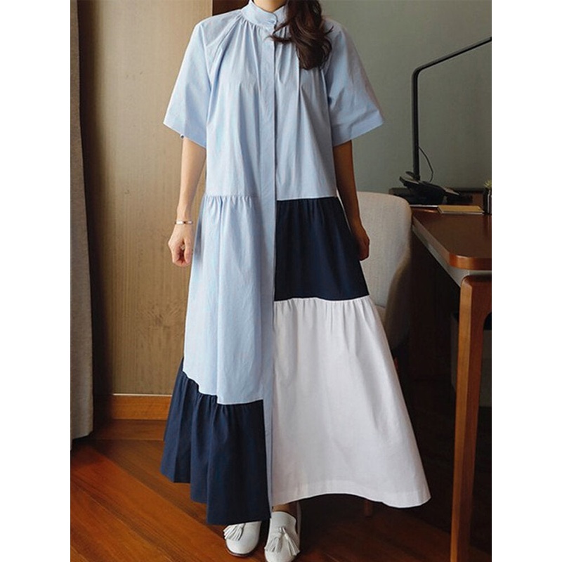 Women Contrast Color Stitching Stand Collar Button Short Sleeve Shirt Dress