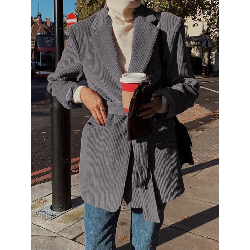 Women Corduroy Lace-up Solid Color Vein Lapel Collar Long Sleeve Casual Coats
