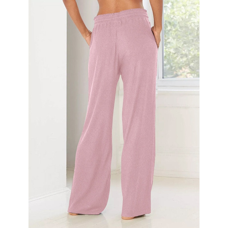 Women Daily Casual Elastic Waist Pocket Loose Wide Leg Pants