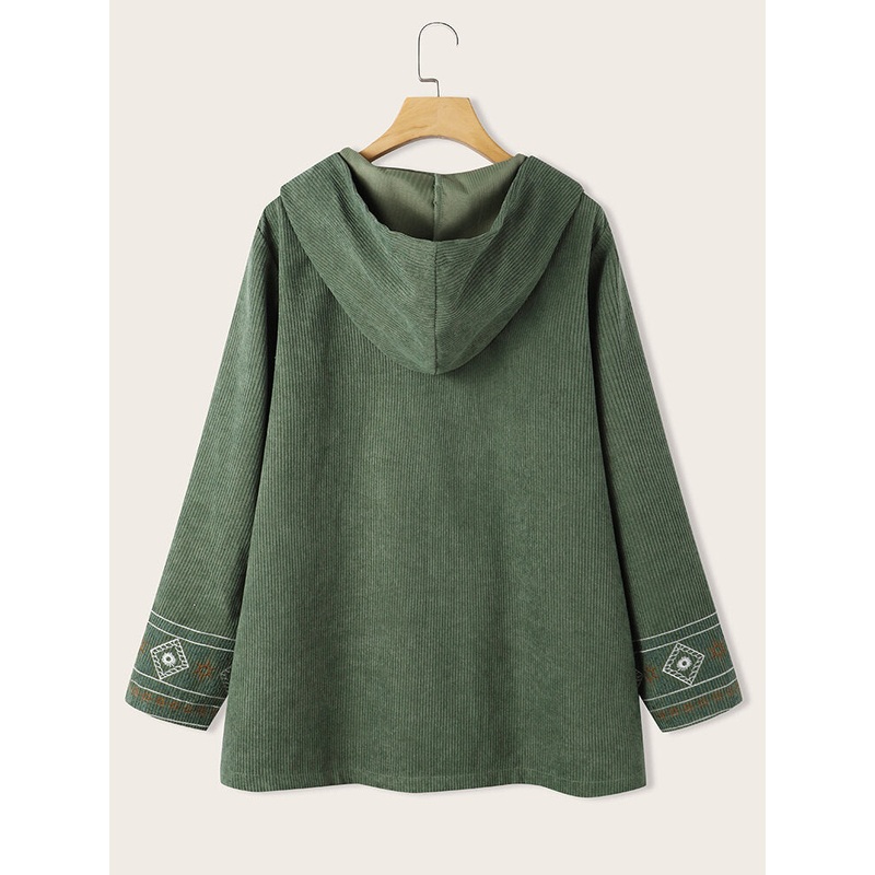 Women Ethnic Corduroy Embroidery Floral Zipper Front Coats