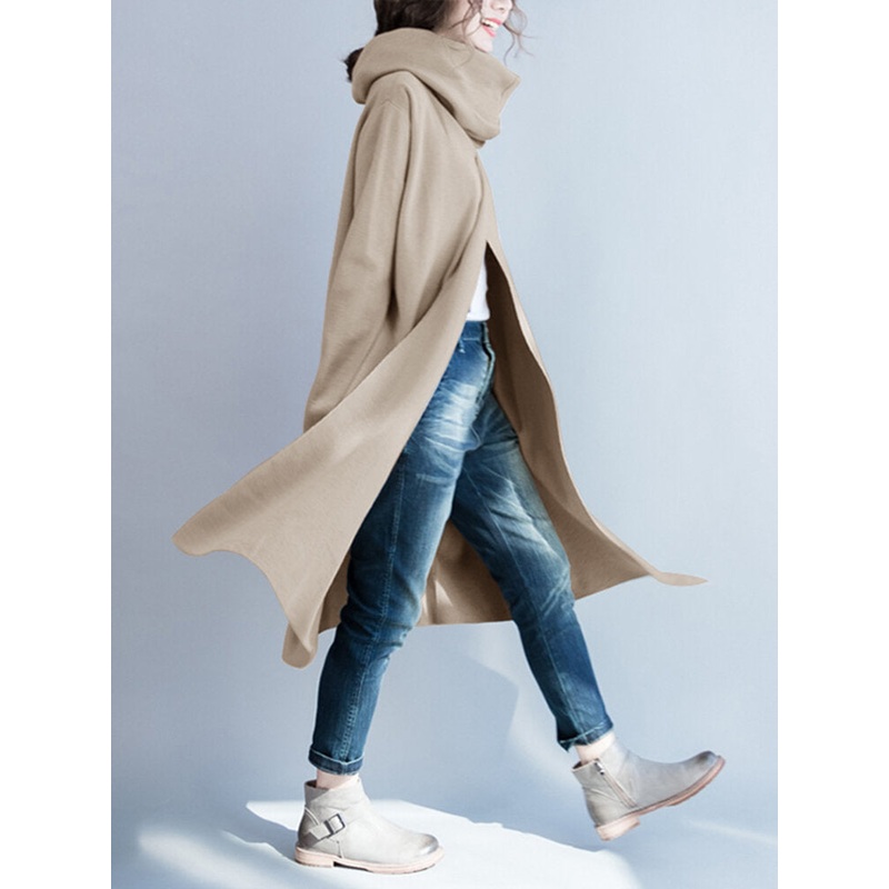 Women Fleece Loose Pullover Turtleneck Neck Side Pockets Long Sleeve Coats