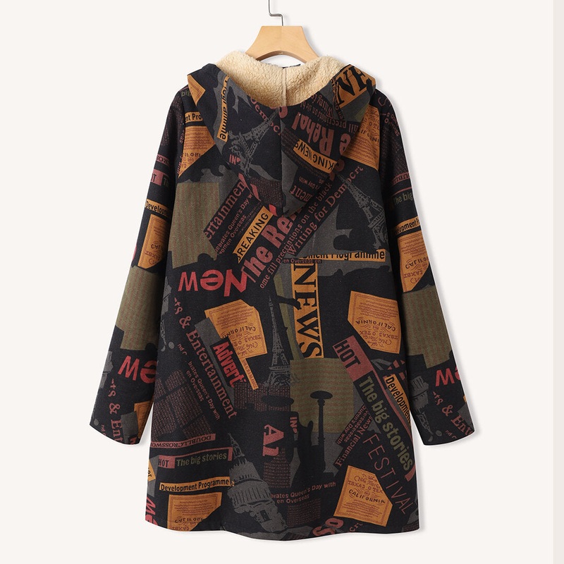Women Hooded Plush Patchwork Letter Print Pocket Zip Front Long Sleeve Casual Jackets
