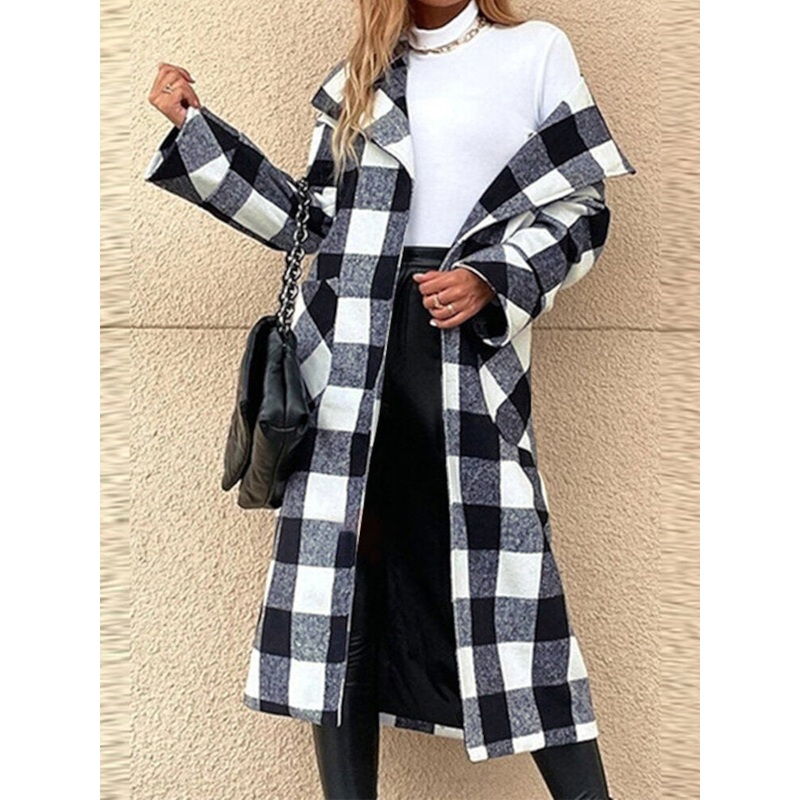 Women Lattice Plaid Printed Calf Length Lapel Side Pockets Casual Coats