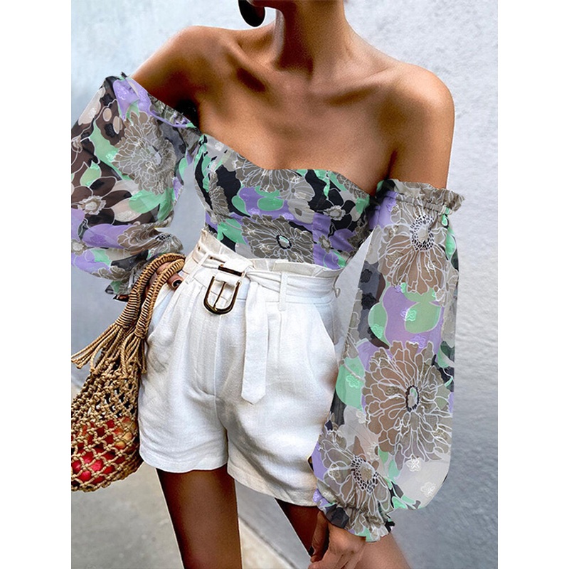 Women Off Shoulder Plants Print Lantern Sleeve Back Zipper Holiday Casual Stylish Blouse