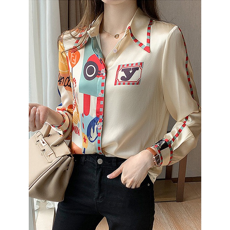 Women Print Lapel Long Sleeve Button Front Shirt