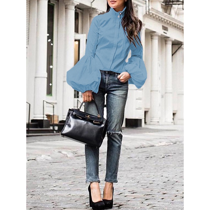 Women Puff Sleeve High Neck Ruffle Blouse Work Elegant Shirts with Button