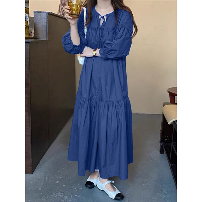 Women Puff Sleeve Pleats Drawstring Ankle Length Solid O-Neck Midi Dresses