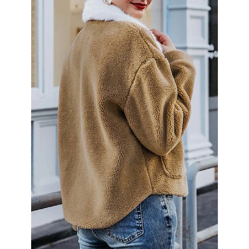 Women Solid Color Plush Borg Collar Warm Coat With Pocket