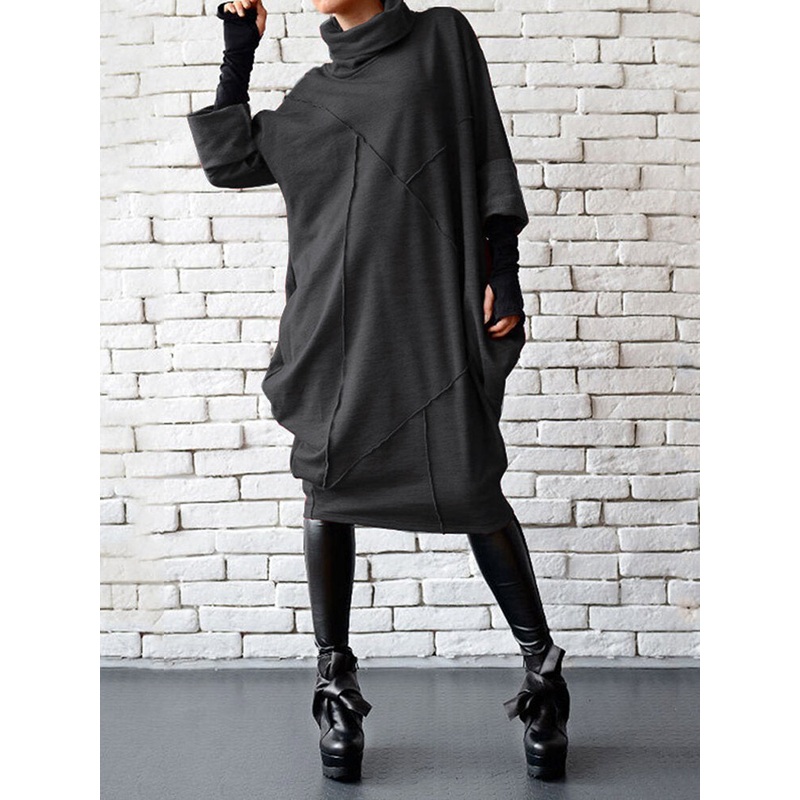 Women Solid color Turtleneck Neck Patchwork Casual Dress with Pockets