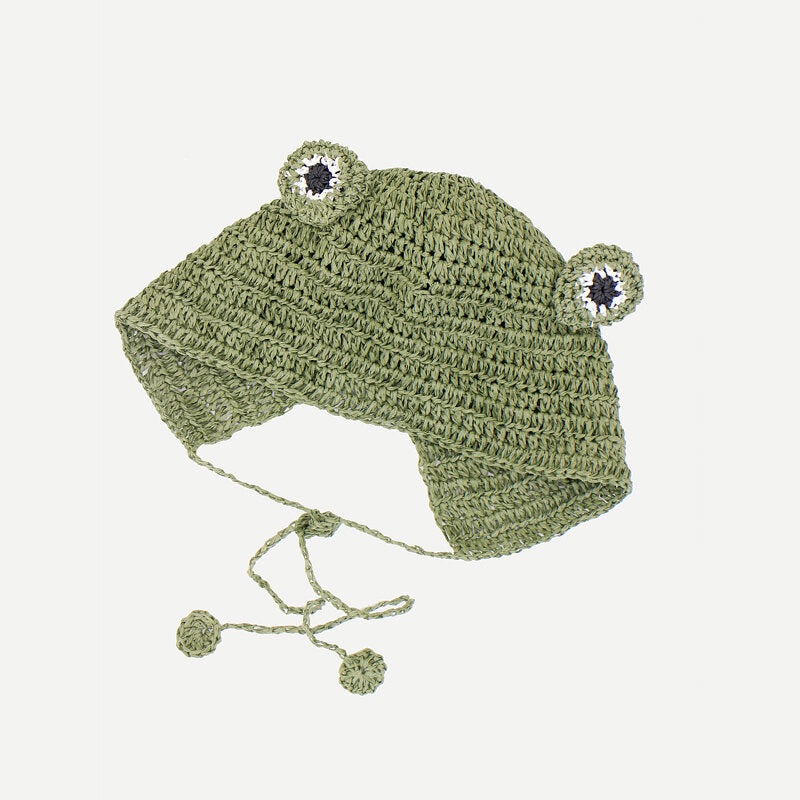 Women Straw Woven Solid Color Frog Shape Cute Fashion Sunscreen Straw Hat Knitted Hat