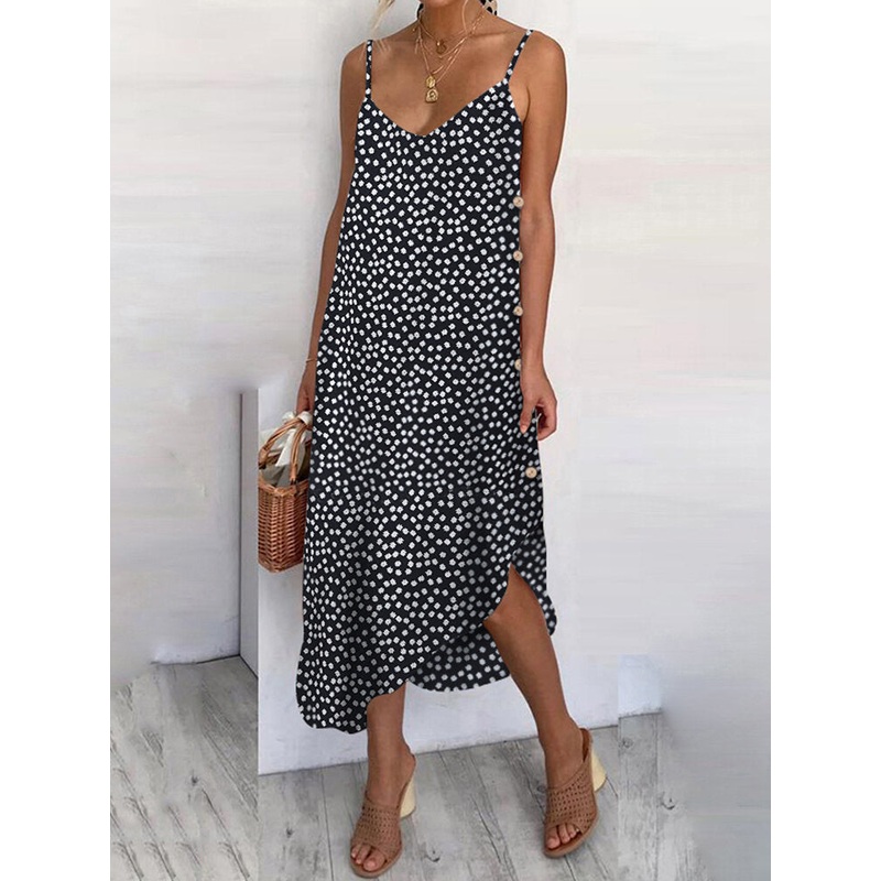 Women Sunflower Print Button Detail Holiday Casual Diagonal Hem Sling Dress