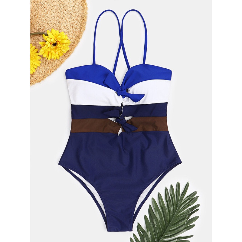 Women Swimwear Color Block Tie Front Tie Back One Piece