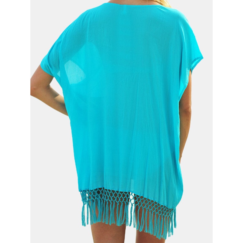 Women Tassel Patch Irregular Hem Bat Sleeve Translucent Sun Protection Cover Ups