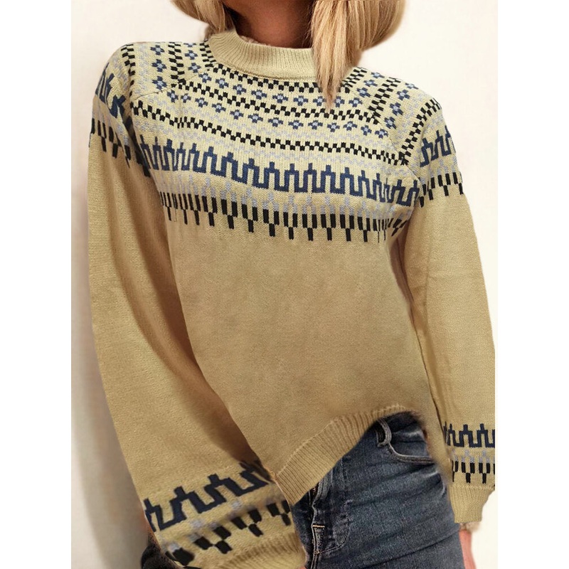 Women Vintage Jacquard Printed Half Collar Casual Pullover Knitted Sweater