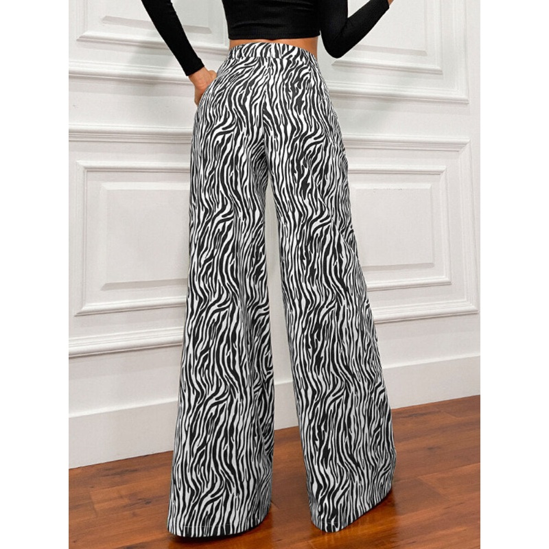 Women Zebra Print High Elastic Waist Stylish Casual Wide Leg Pants