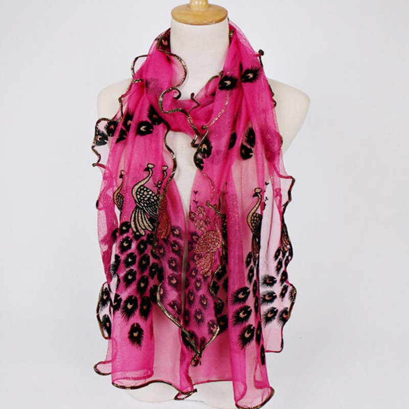 190CM Women Peacock Pattern Lace Scarves Shawl Casual Travel Soft Scarf