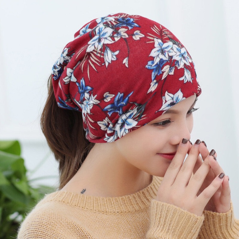 Women Cashmere Colored Floral Pattern Casual Dual-Use Neck Protection Brimless Beanie Knitted Hat