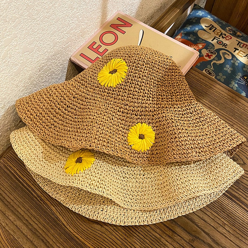 Women Straw Floral Solid Color Elegant Sunflower Big Brim Visor Sun Protection Hat Beach Hat Bucket Hat