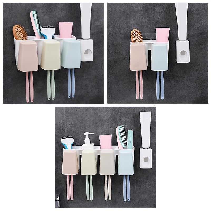 2/3/4 Cups Suction Wall Mount Toothbrush Holder + Toothpaste Dispenser