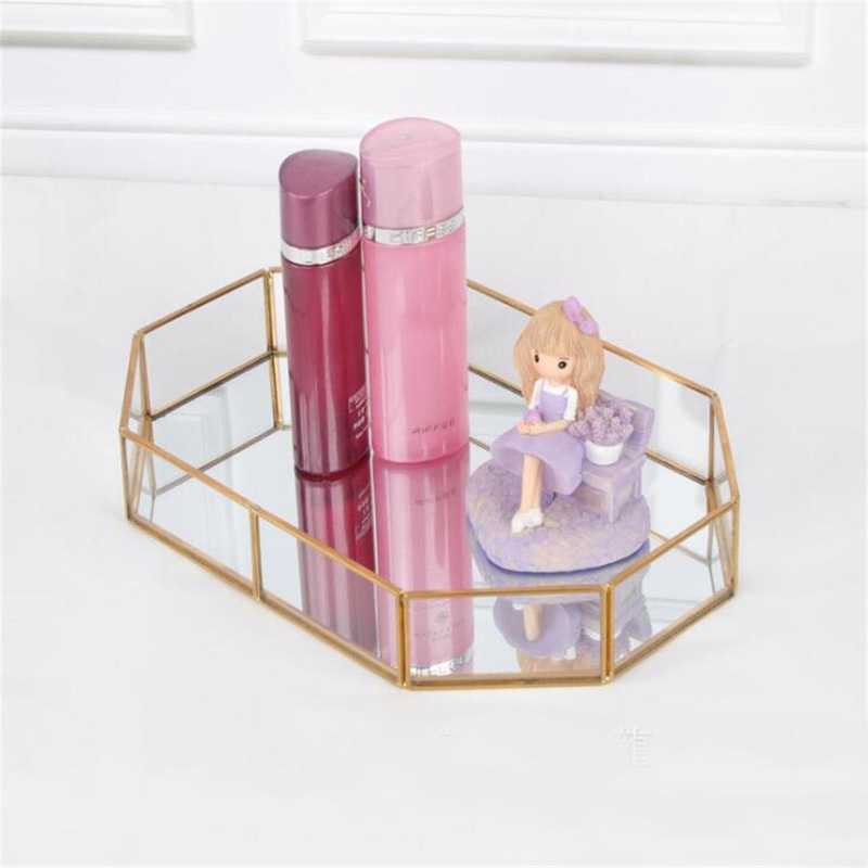 2 Size Mirror Glass Tray Octagon Cosmetic Makeup Desktop Organizer Jewelry Display Stand Holder