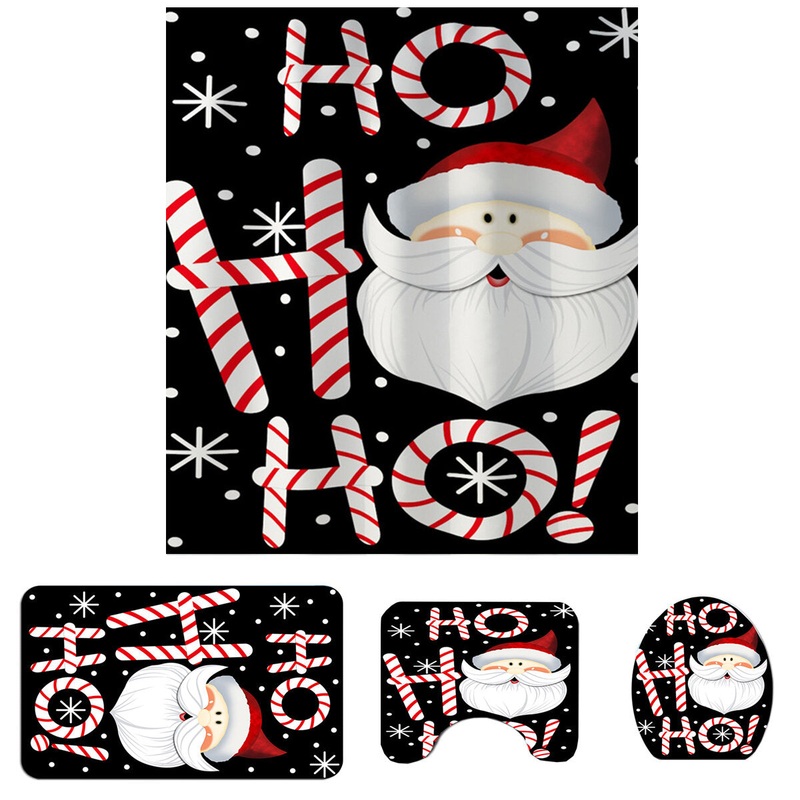 4/3/1pcs Santa Claus Christmas Bathroom Rug Shower Curtain Skidproof Toilet Lid Cover Bath Mat Rug Set