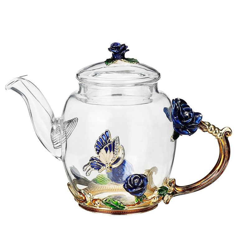 7Pcs Tea Set Wedding Enamel Glass Flower Heat Resistant Coffee Pot Cups Party