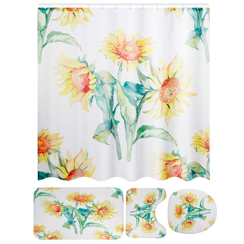 Non Slip Sunflower Pattern Toilet Cover Mat Polyester Fabric Shower Curtains Set For Bathroom