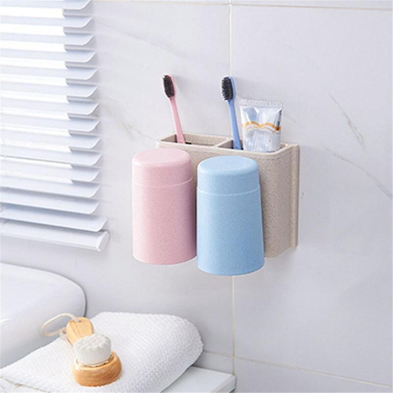 Wheat Straw 6 Toothbrush Holder 2 Cups Suction Stand Home Bathroom Wall Mount