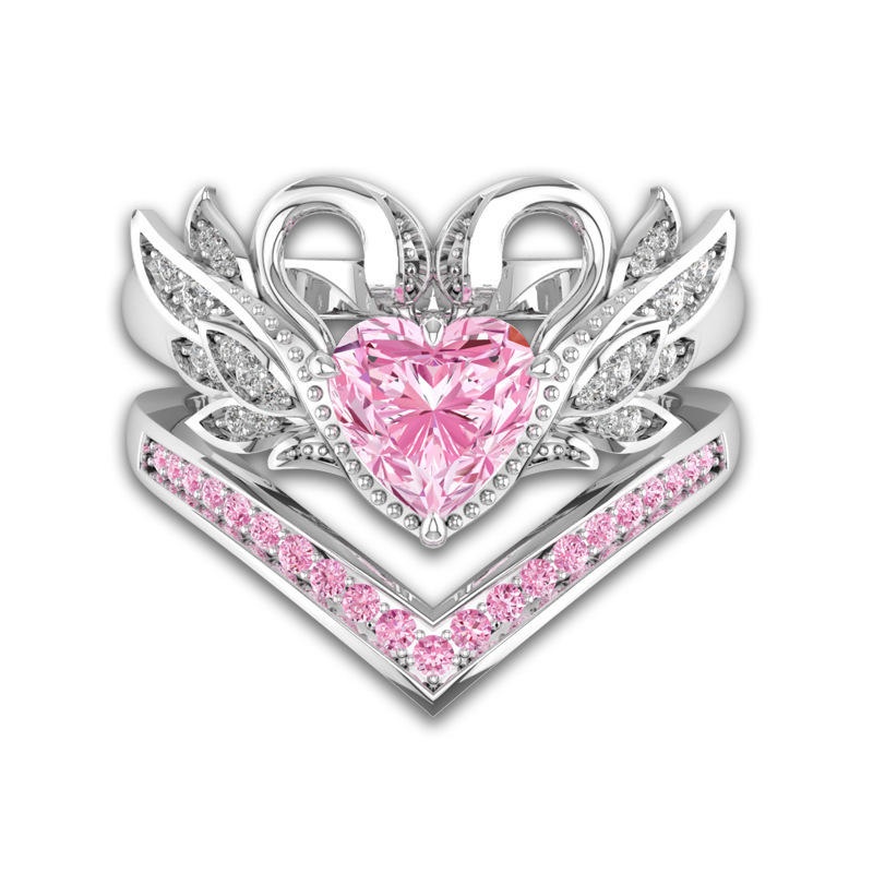 2 Pcs/set Sweet Swan Heart Zirconia Engagement Wedding Ring Unique Gift for Women Girls