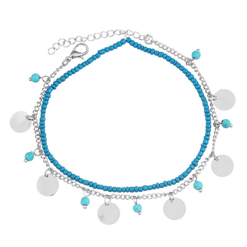 Bohemian Women’s Anklet Summer Beach Multilayer Blue Bead Coin Pendant Ankle Bracelets Ring